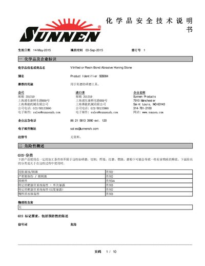 Sunnen WPS-SUN-016 Vitrified or Resin Bond Abrasive Honing Stone Safety Data Sheet - cover page