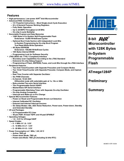 Atmel ATmega1284P Preliminary Summary Manual - cover page
