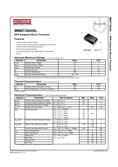 Fairchild Semiconductor MMBT3904SL NPN Transistor Datasheet - cover page