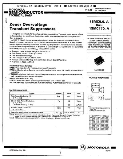 MOTOROLA 1SM5.0 A thru 1SMC170 A TECHNICAL DATA - cover page