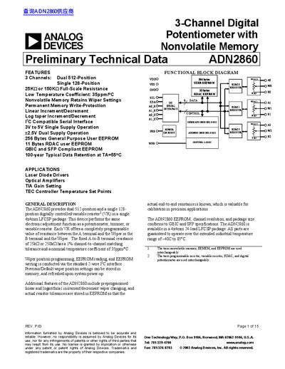 Analog Devices ADN2860 3-Channel Digital Potentiometer Preliminary Technical Data - cover page