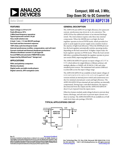 ADP2138/ADP2139 Compact 800 mA 3 MHz Step-Down DC-to-DC Converter Data Sheet
