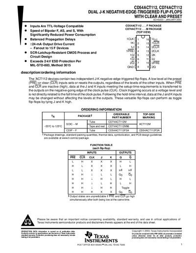 Texas Instruments CD54ACT112 / CD74ACT112 Dual J‑K Flip‑Flop Datasheet - cover page