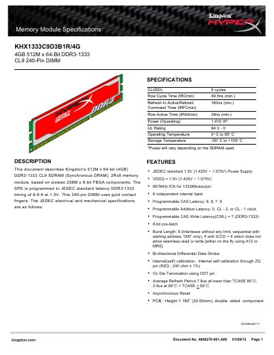 Kingston KHX1333C9D3B1R/4G Memory Module Specifications Manual - cover page
