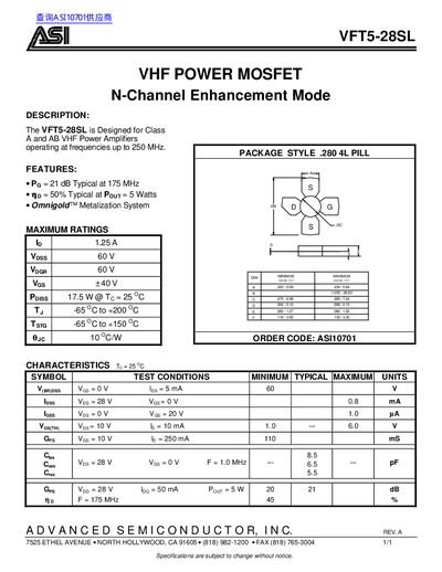 Advanced Semiconductor VFT5-28SL VHF Power MOSFET Datasheet - cover page