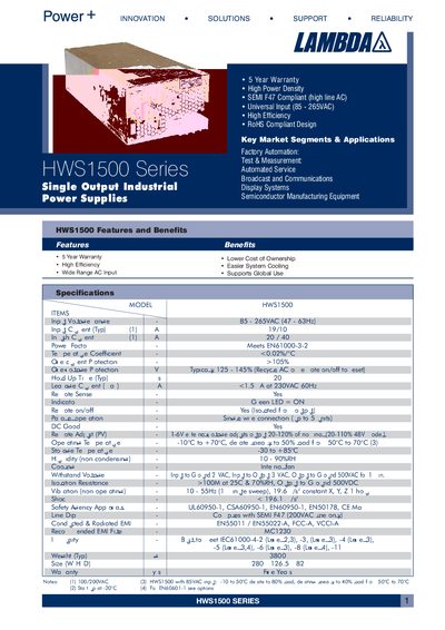 Lambda HWS1500 Series Power Supply Datasheet - cover page