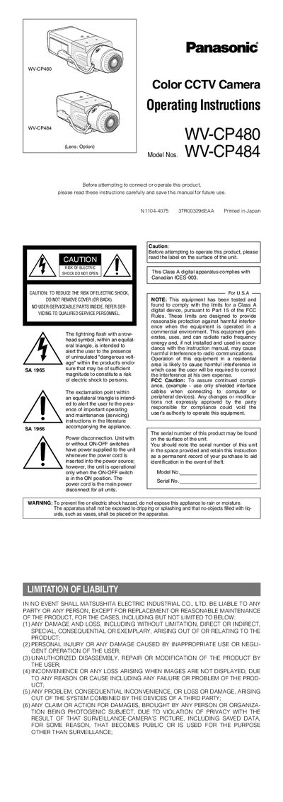 Panasonic WV-CP480/WV-CP484 CCTV Camera User Manual