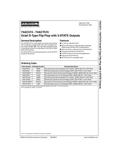 Fairchild 74AC574/74ACT574 Octal D‑Type Flip‑Flop with 3‑STATE Outputs Datasheet - cover page