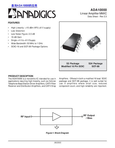 ANADIGICS ADA10000 Linear Amplifier MMIC Data Sheet - cover page