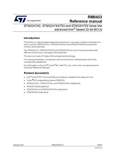 STMicroelectronics STM32H742, STM32H743/753, STM32H750 Reference Manual - cover page