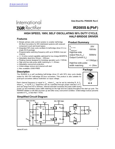 International Rectifier IR2085S Half-Bridge Driver IC Datasheet - cover page