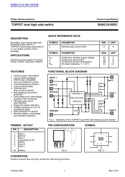 Philips Semiconductors BUK218-50DC TOPFET Dual High Side Switch Datasheet - cover page