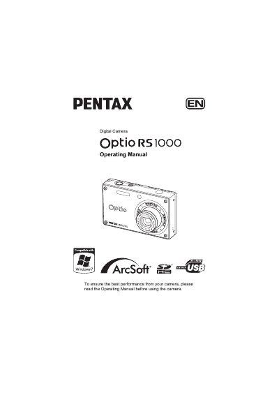 Pentax Optio RS1000 Digital Camera Operating Manual - cover page