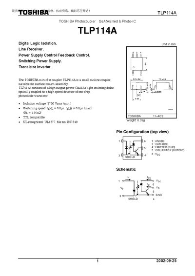Toshiba TLP114A Photocoupler Datasheet - cover page