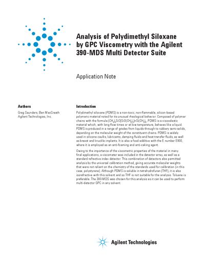 Agilent 390-MDS Multi Detector Suite Application Note for PDMS Analysis by GPC Viscometry - cover page