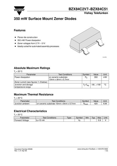 VISHAY BZX84C2V7 BZX84C51 DATA SHEET - cover page