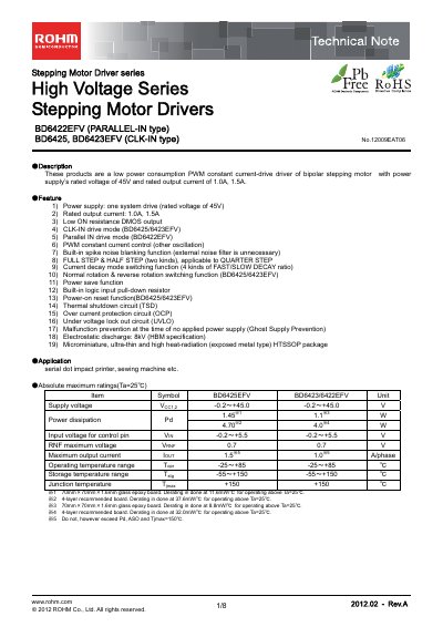 ROHM BD6425EFV Stepping Motor Driver Technical Note - cover page