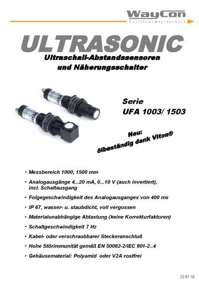 Waycon UFA 1003/1503 Ultrasonic Distance Sensor Product Leaflet - cover page