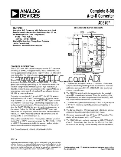 Analog Devices AD570 8‑Bit A/D Converter Datasheet - cover page