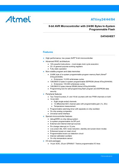 Atmel ATtiny24/44/84 8-bit AVR Microcontroller Datasheet - cover page