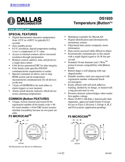 Dallas Semiconductor DS1920 Temperature iButton Datasheet - cover page
