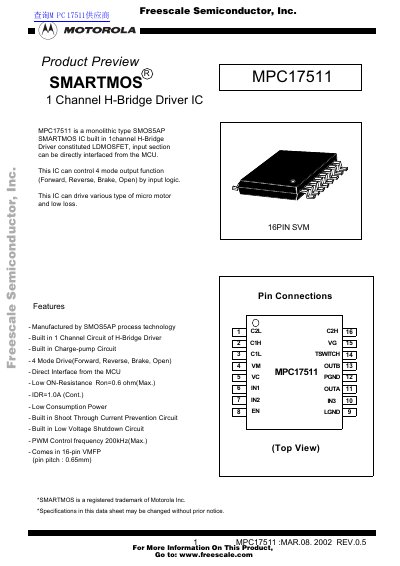 Freescale MPC17511 1 Channel H-Bridge Driver IC Datasheet - cover page