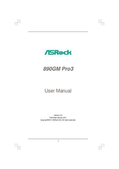 ASRock 890GM Pro3 Motherboard User Manual - cover page