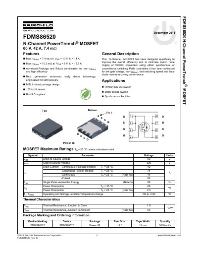 Fairchild Semiconductor FDMS86520 N-Channel PowerTrench MOSFET Datasheet - cover page