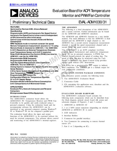 Analog Devices EVAL-ADM1030/31 Evaluation Board Preliminary Technical Data