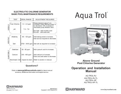 Hayward Aqua Trol Chlorine Generator Operation and Installation Manual - cover page