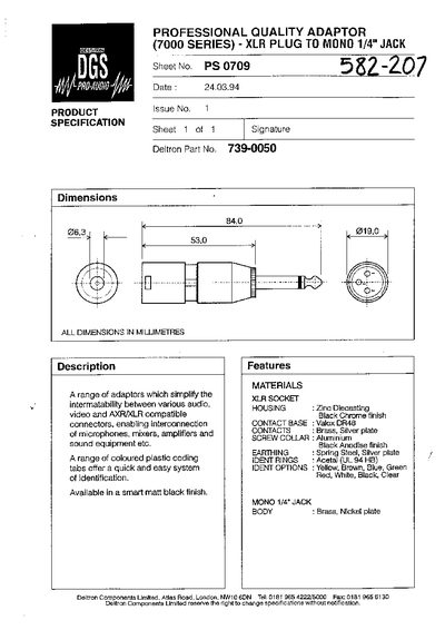 DGS PS 0709 PRODUCT SPECIFICATION - cover page