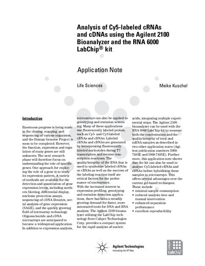Agilent 2100 Bioanalyzer RNA 6000 LabChip Kit Application Note for Cy5-labeled cRNAs and cDNAs Analysis - cover page