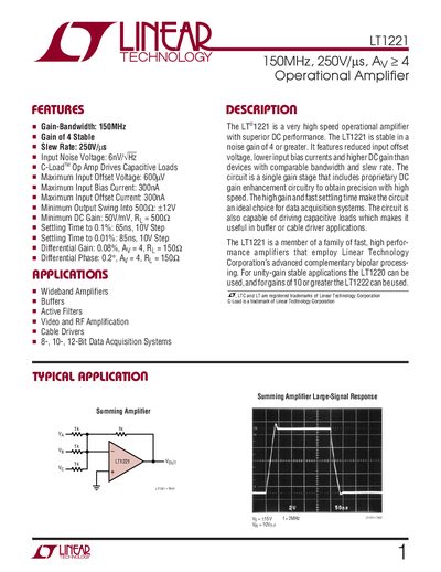 Linear Technology LT1221 Operational Amplifier Datasheet - cover page