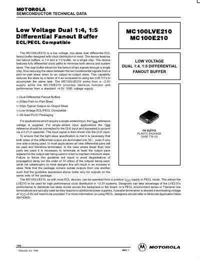 Motorola MC100LVE210/MC100E210 Low Voltage Dual Differential Fanout Buffer Datasheet - cover page