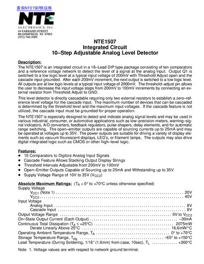 NTE NTE1507 Integrated Circuit 10‑Step Adjustable Analog Level Detector Datasheet - cover page