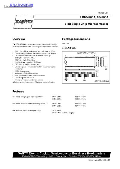 Sanyo LC864266A / LC864265A 8-bit Single Chip Microcontroller Datasheet - cover page