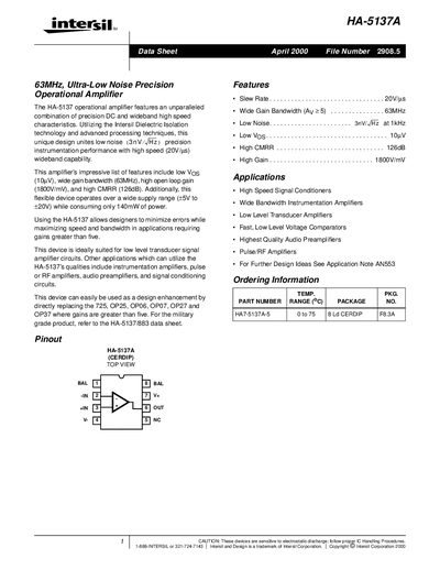 intersil HA-5137A handbook - cover page