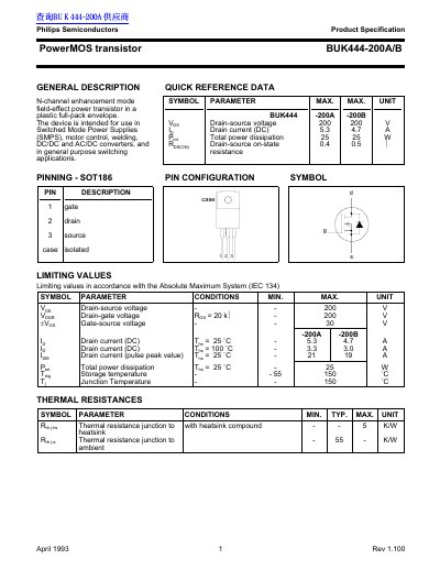 Philips BUK444-200A/B PowerMOS Transistor Datasheet