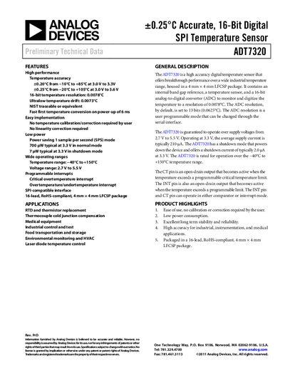 Analog Devices ADT7320 Temperature Sensor Preliminary Data Sheet - cover page