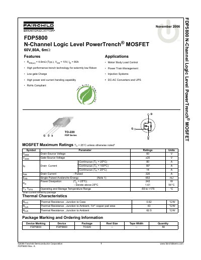 Fairchild FDP5800 N-Channel Logic Level PowerTrench MOSFET Datasheet - cover page