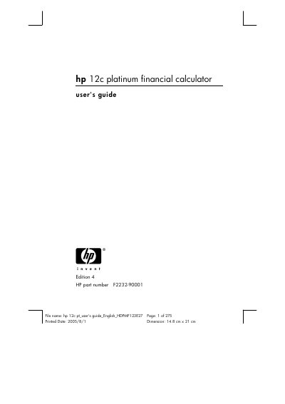 HP 12C Platinum Financial Calculator User Guide - cover page