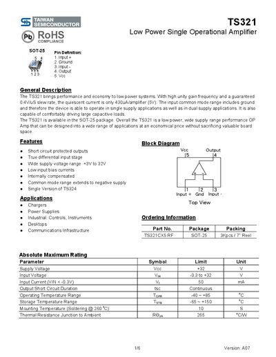 Taiwan Semiconductor TS321 Low Power Single Operational Amplifier Datasheet - cover page