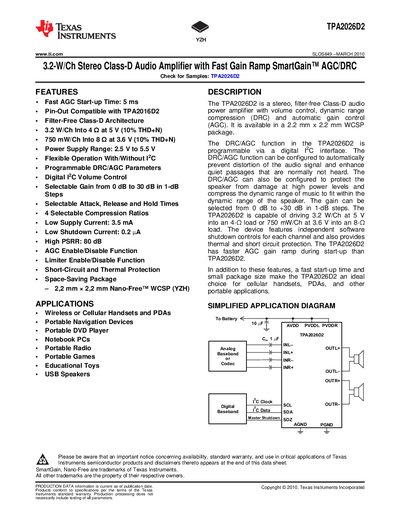TEXAS INSTRUMENTS TPA2026D2 ti.com SLOS649 MARCH 2010 3.2-W/Ch Stereo Class-D Audio Amplifier with Fast Gain Ramp SmartGain AGC/DRC handbook - cover page