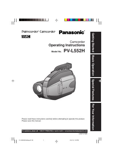 Panasonic PV-L552H Camcorder Operating Instructions