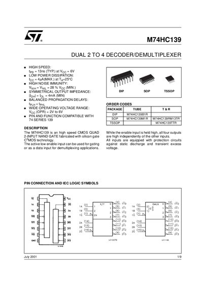 STMicroelectronics M74HC139 Dual 2-to-4 Decoder/Demultiplexer Datasheet - cover page