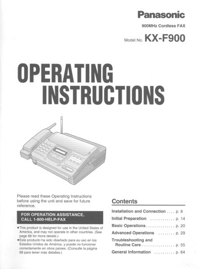 Panasonic KX-F900 900MHz Cordless FAX Operating Instructions - cover page