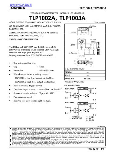 Toshiba TLP1002A/TLP1003A Datasheet - cover page