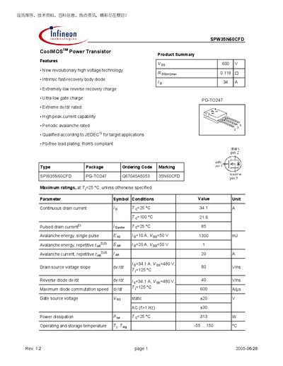 Infineon SPW35N60CFD CoolMOS Power Transistor Datasheet - cover page