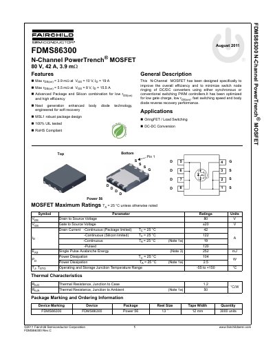 Fairchild Semiconductor FDMS86300 N-Channel PowerTrench MOSFET Datasheet