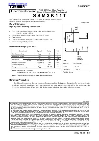 Toshiba SSM3K11T Field Effect Transistor Datasheet - cover page